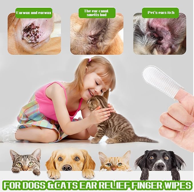 PET Ear Cleaner Finger Wipes, Ear Finger Wipes, Ear Cleaning Finger Wipes for Dogs & Cats, Gently Removes Dirt & Odor, Dissolves Wax Build-Up, Easy to Use, Natural Ingredients - 55 Count