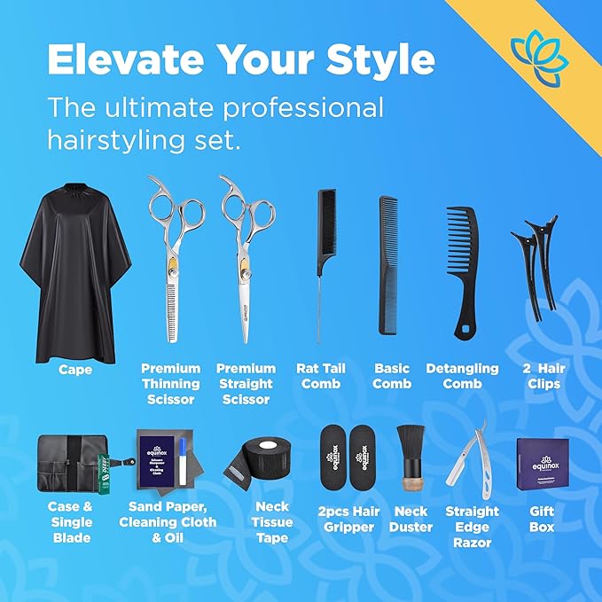 Equinox Professional Hair Scissors Set - Pro Barber Kit, Includes Cutting Scissors, Thinning Shears, Straight Razor, 3 Combs, Clips, Grippers - Salon & Barber Supplies, Hair Tools