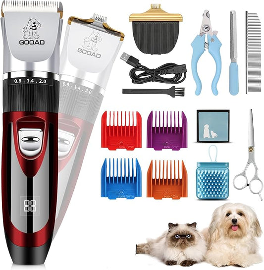 Dog Clippers Grooming Kit and Paw Trimmer,Low Noise, Electric Quiet,Rechargeable,Cordless, Pet Hair Clippers for Thick Coats,Dog Trimmer Grooming Tool,Shaver for Small and Large Dogs Cats,Red