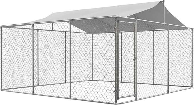 Outdoor Dog Enclosure Heavy Duty Dog Kennel House Mesh Outside Galvanized Chain Link Dog Run with Roof,Dog Cage Large Dogs Dog Pen Pet Kennel W/Waterproof Anti-UV Cover&Secure Lock for Large Dog