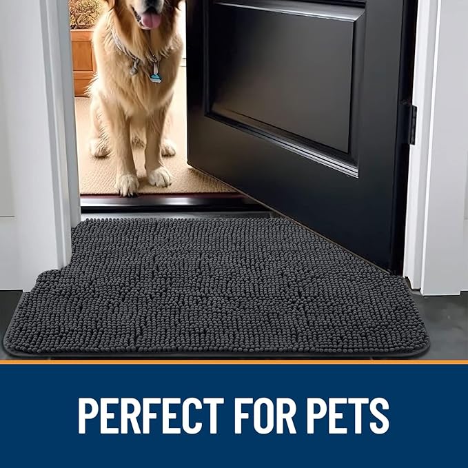 OLANLY Dog Door Mat for Muddy Paws 59x35, Absorbs Moisture and Dirt, Absorbent Non-Slip Washable Mat, Quick Dry Chenille, Mud Mat for Dogs, Entry Indoor Door Mat for Inside Floor, Dark Grey
