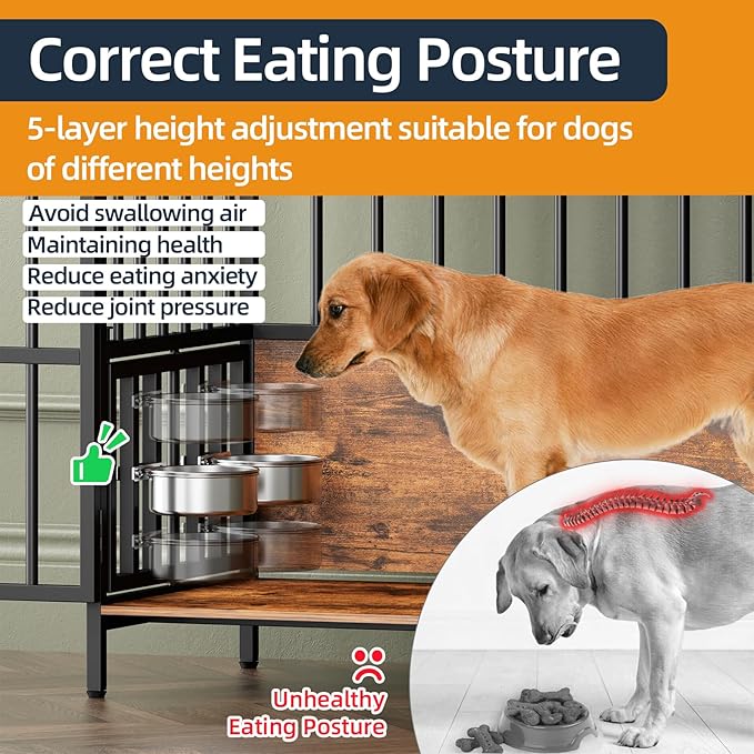 Large Dog Crate Furniture, with 360° Adjustable Elevated Feeder, Heavy Dog Furniture, Indoor Decorative Dog Kennel, Sturdy Metal Construction, 38" W×21" D×36" H, Rustic Brown Finish