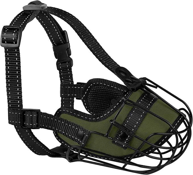 OOPSDOGGY Pitbull Dog Muzzle Reflective Metal Mask Secure Wire Basket Muzzle for Large Sized Dogs Amstaff Soft Cage Muzzle to Prevent Biting Chewing with Adjustable Nylon Straps (Green, Pitbull)