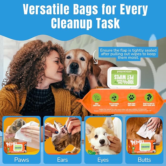 PET N PET 100% Plant Based Dog Wipes for Paws and Butt, 400 Counts Hypoallergenic Unscented Dog Pet Wipes, 8" x 8"