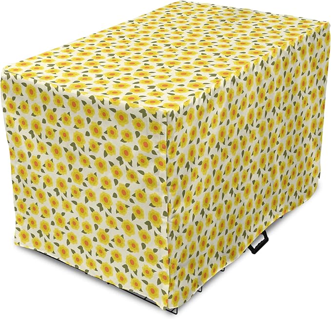 Lunarable Daffodil Dog Crate Cover, Retro Abstract Small Bedding Plants Flourishing Meadow Girls Design, Easy to Use Pet Kennel Cover for Cats & Medium Dogs, 30 Inch, Yellow Green Orange