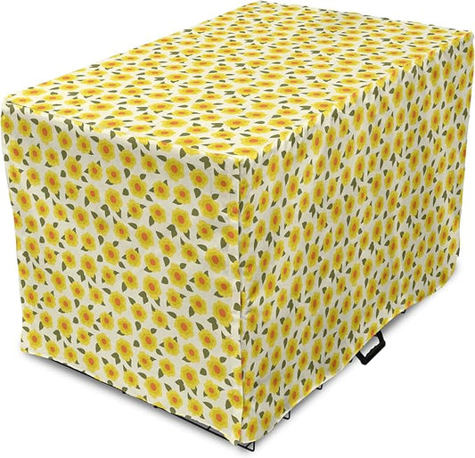 Lunarable Daffodil Dog Crate Cover, Retro Abstract Small Bedding Plants Flourishing Meadow Girls Design, Easy to Use Pet Kennel Cover for Cats & Medium Dogs, 30 Inch, Yellow Green Orange