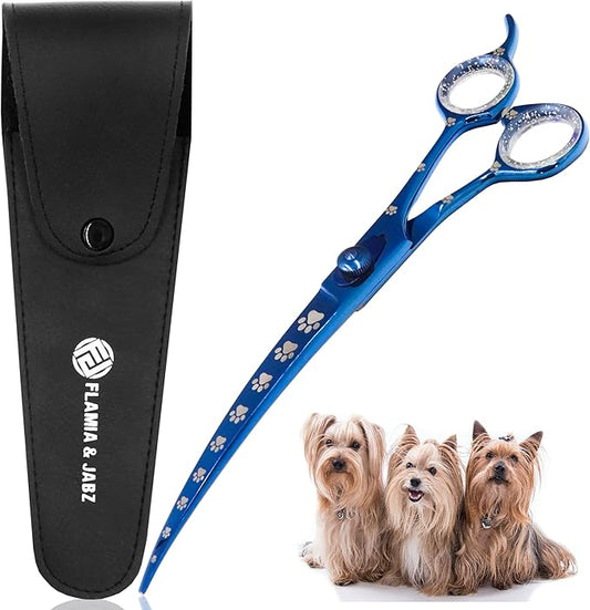 Professional Dog Grooming Scissors/Shears, Curved, with Paw Prints for Dogs, Cats & Pets (Right Handed, Blue, Stainless Steel 8 Inch)