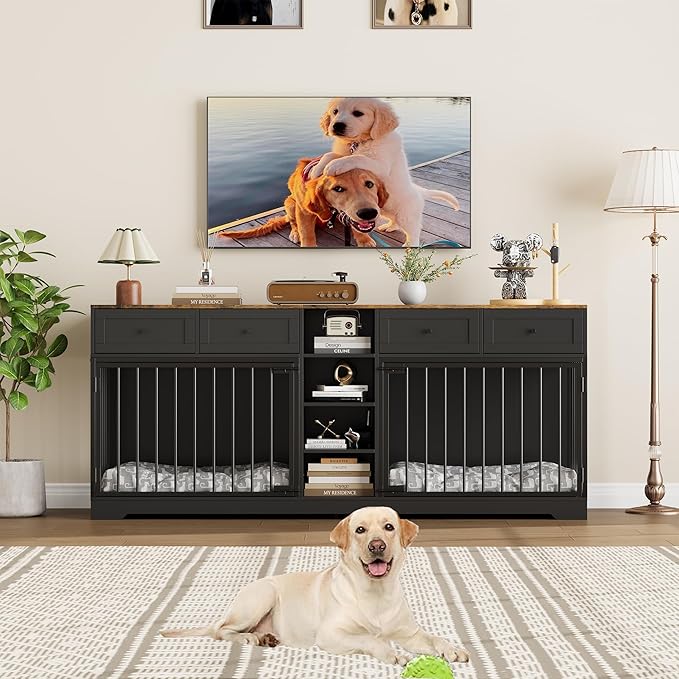 82” Double Dog Crate Furniture, Large Dog Kennel Indoor for 2 Dogs, Heavy Duty Wooden Dog Crate TV Stand with 4 Drawers and Shelves, Black