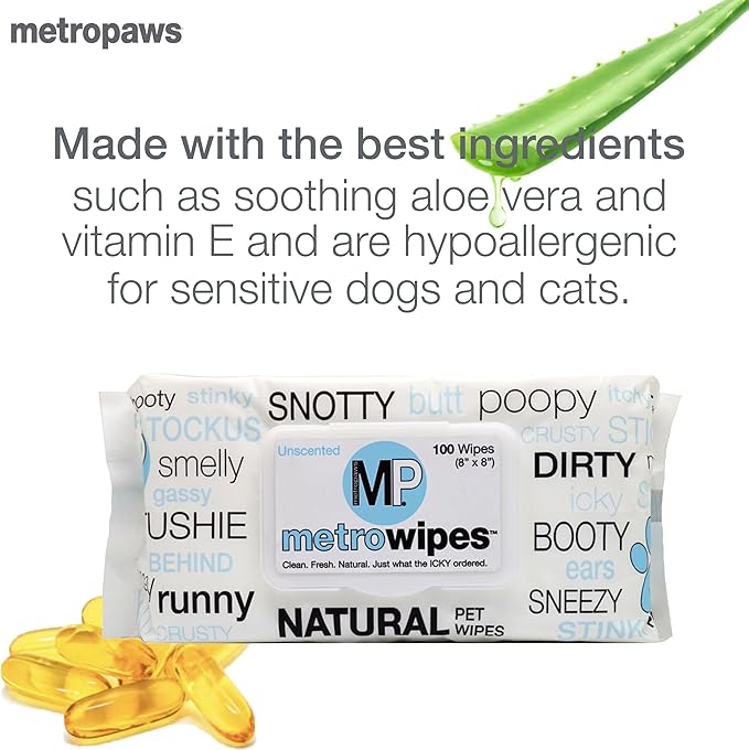 Metro Paws Unscented Dog Wipes, 25 Extra Large & Thick Cleaning Wipes Ideal for Cats and Dogs, for Paws, Butt, Ears and Eyes