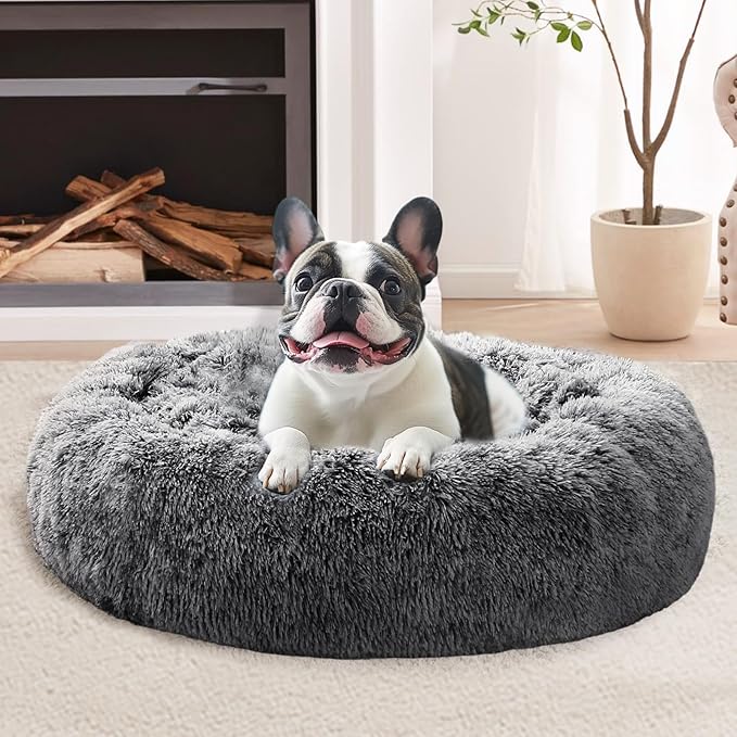 JOLLYVOGUE Dog Bed Cat Bed, Anti-Anxiety Small Dog Bed, Calming Donut Dog Bed for Puppy Bed, Fluffy Dog Beds for Small Medium Dogs, Washable Round Puppy Bed for Indoor Pet (24"/Smoke Black