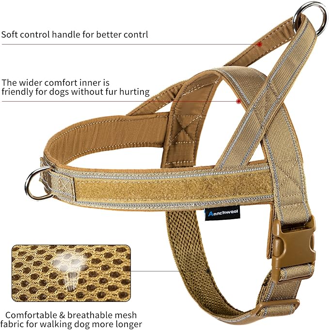 Annchwool No Pull Dog Harness with Padded Handle+5 Ft Leash,Reflective Strip Escape Proof and Quick Fit to Adjust Dog Harness,Easy for Training Walking for Small & Medium and Large Dog(Brown-Set,L)