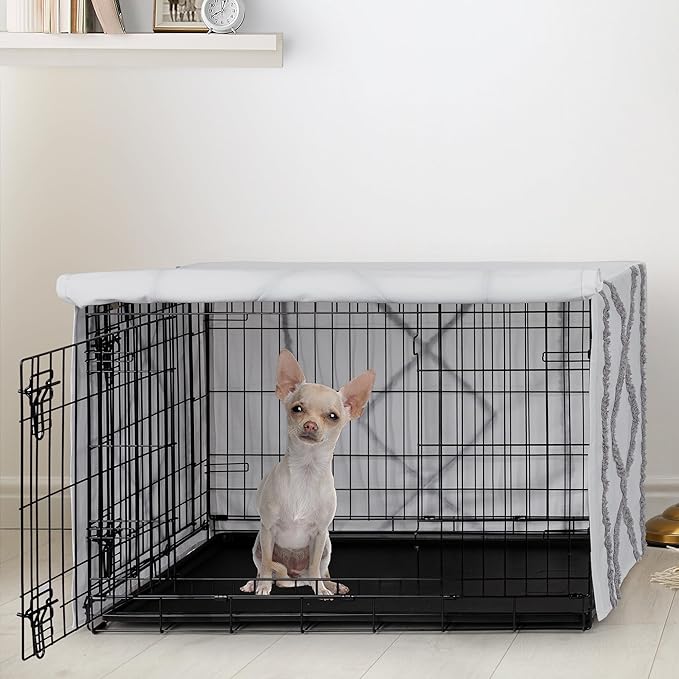 Sweet Jojo Designs 24in. Small Dog Crate Cover (Grey Boho Modern Tuft) Pet Cage, Kennel Covers (Bohemian, Farmhouse, Shabby Chic, Designer, Neutral, Elegant, Minimalist, Gray and White Tufted Cotton)