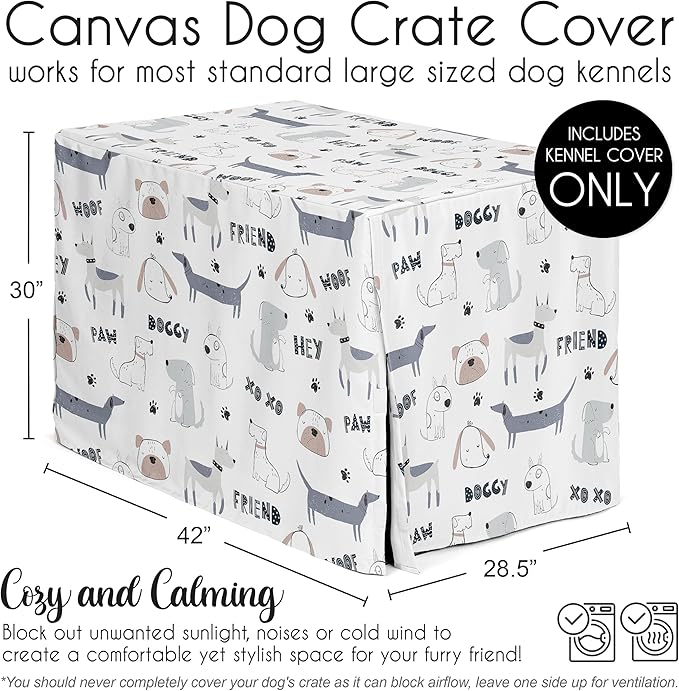 Sweet Jojo Designs Cartoon Puppy Print Dog Crate Cover – Kennel Covers for 42 Inch Pet Cage Medium/Large - Neutral Grey Taupe Blue White Modern Bulldog Wiener Doggy Paw Print Gray