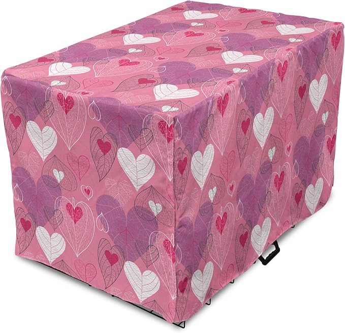 Lunarable Love Dog Crate Cover, Natural Theme Abstract Hearts Pattern Leaves Romantic Nature Art, Easy to Use Pet Kennel Cover for Medium Large Dogs, 42 Inch, Pink Purple