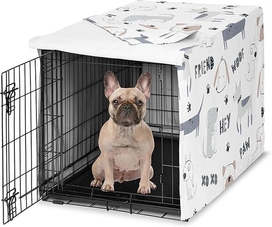Sweet Jojo Designs Cartoon Puppy Print Dog Crate Cover – Kennel Covers for 30 Inch Pet Cage Small/Medium - Neutral Grey Taupe Blue White Modern Bulldog Wiener Doggy Paw Print Gray