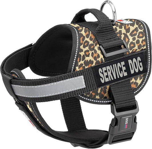 Dogline Unimax Dog Harness Vest with Service Dog Patches Reflective No-Pull, Adjustable Straps, Breathable Neoprene for Medical, Service, Identification and Training Dogs Girth 18 to 25" Leopard Brown