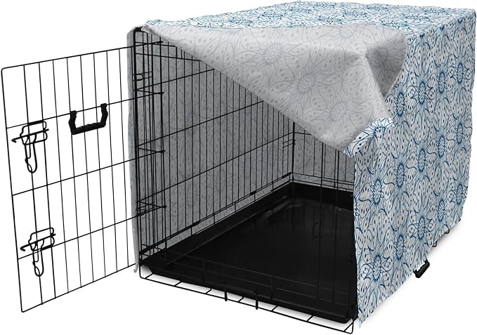 Ambesonne Blue and White Dog Crate Cover, Dutch Tile Design with Large Flowers and Detailed Petals Antique Ethnic, Easy to Use Pet Kennel Cover for Medium Large Dogs, 36 Inch, White Blue
