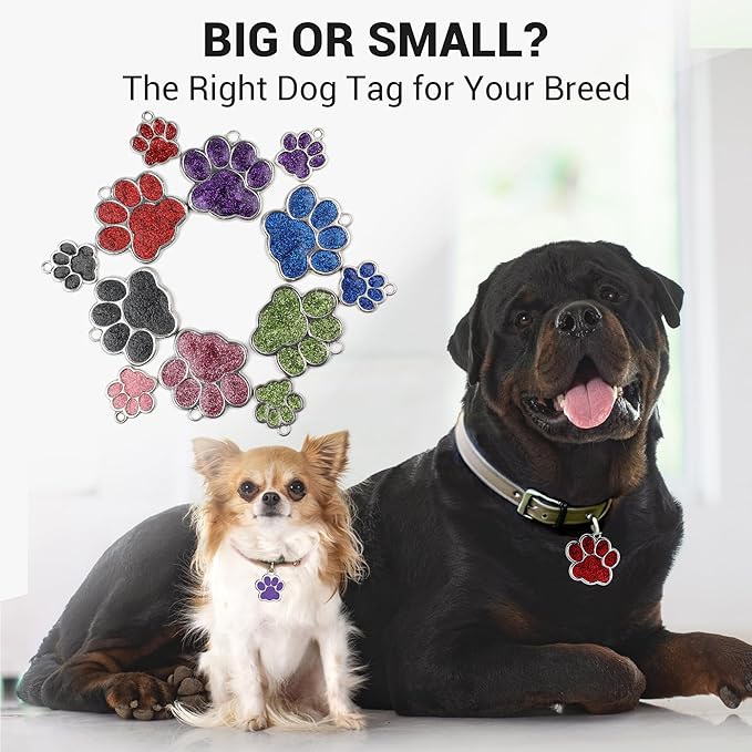 Dog Tags Personalized for Pets Glitter Paw Print Stainless Steel Dog Tag Cute Dog Name Tag Bulk Dog Tags for Wholesale (24 Pieces)