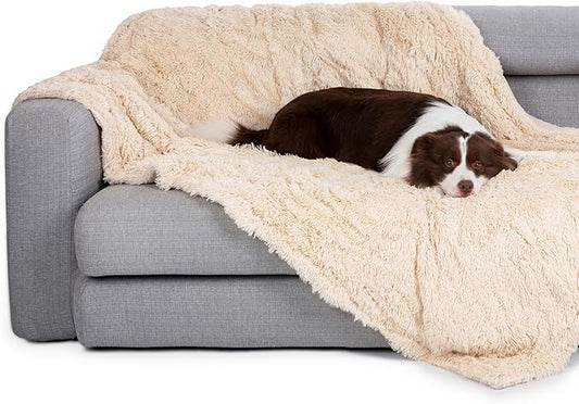 gogobunny Waterproof Plush Long Faux Fur Pet Throw Blanket Ultra Soft Fluffy Bed Couch Cover Washable - Premium Flannel Calming Blankets for Dog Puppy Cat (33x77 Inch (Pack of 1), Beige)