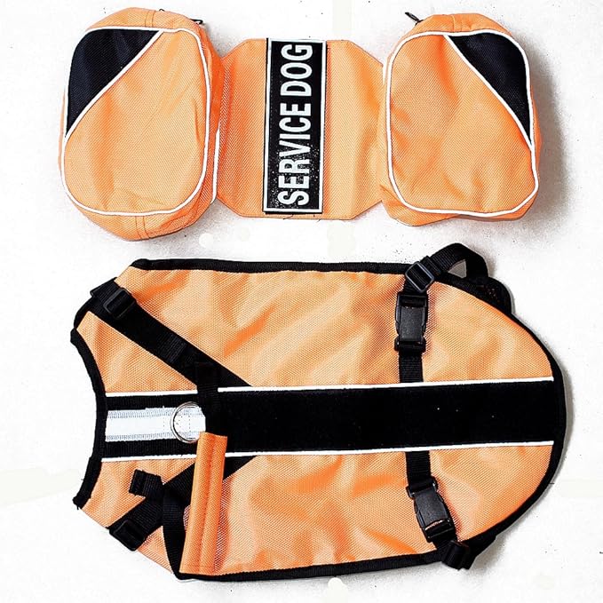 Service Dog Harness, Saddle Bag Backpack Carrier Outdoor Travel Hiking Camping Harness, Removable Saddle Bags and Patches (Orange, M Girth 20-24")