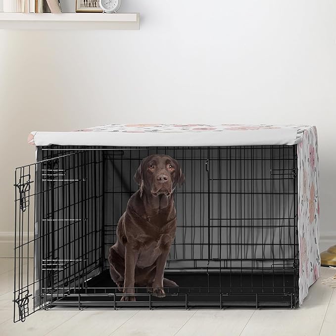 Sweet Jojo Designs Blush Pink Grey Boho Floral Dog Crate Cover – Kennel Covers for 42 Inch Pet Cage Medium/Large - Bohemian Farmhouse Shabby Chic Rose Lily Watercolor Flower Elegant Gray and White