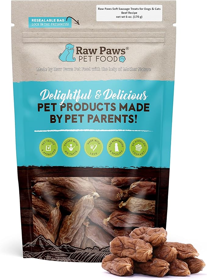 Raw Paws Grain-Free Soft Sausage Treats for Dogs & Cats - Beef Recipe, 6-oz - Beef Sausage Dog Treats, USA Real Beef Dog Treats – Grain-Free Cat Sausage Links, Dog Sausage Links - Puppy Sausage Treats