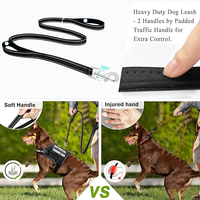 WINSEE Dog Harness & Leash Set, Medium, Black - Reflective, Adjustable, W/ 10 Patches for Service, Therapy Dogs, Extra Durable
