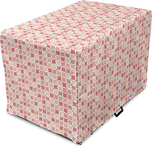 Lunarable Dusty Rose Dog Crate Cover, Patchwork Inspired with Different Patterned Squares Shabby Form Style, Easy to Use Pet Kennel Cover for Medium Large Dogs, 48 Inch, Salmon Dark Coral