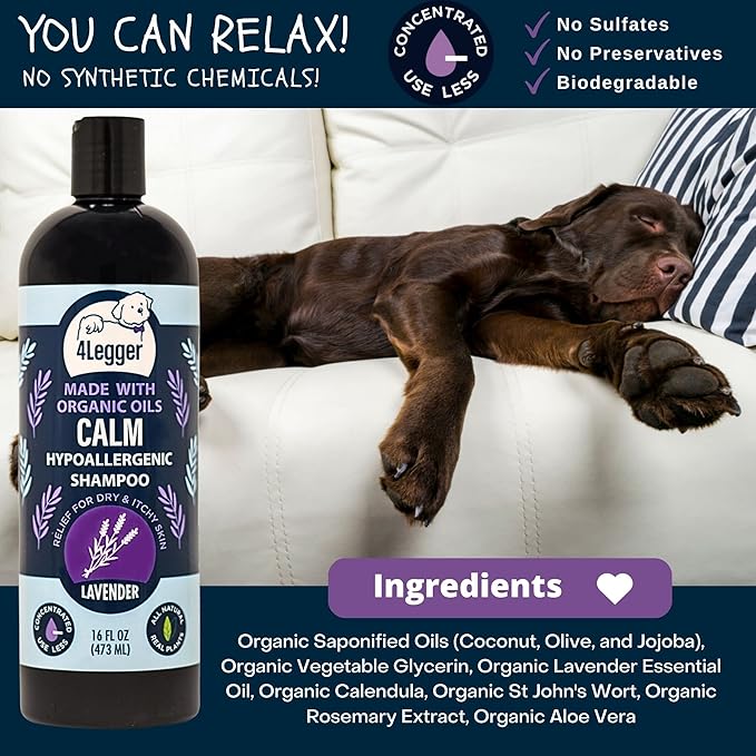 Calm All Natural Lavender Dog Shampoo - Organic Dog Shampoo for Dry Itchy Skin - Calming and Hypoallergenic for Sensitive Skin - Concentrated - USA