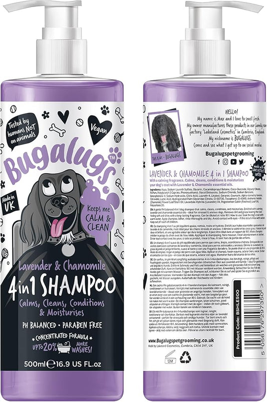 Dog Shampoo by Bugalugs Lavender & Chamomile 4 in 1 Dog Grooming Shampoo Products for Smelly Dogs with Fragrance, Best Puppy Shampoo, Vegan pet Shampoo & Conditioner
