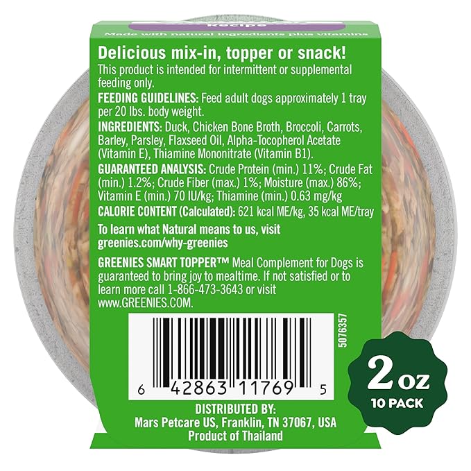 Greenies Smart Topper High Protein Wet Mix-in for Dogs, Duck, Broccoli, Carrots & Barley Recipe in Vitabroth™ Broth - Bone Broth + Vitamins E & B1, Pack of 10