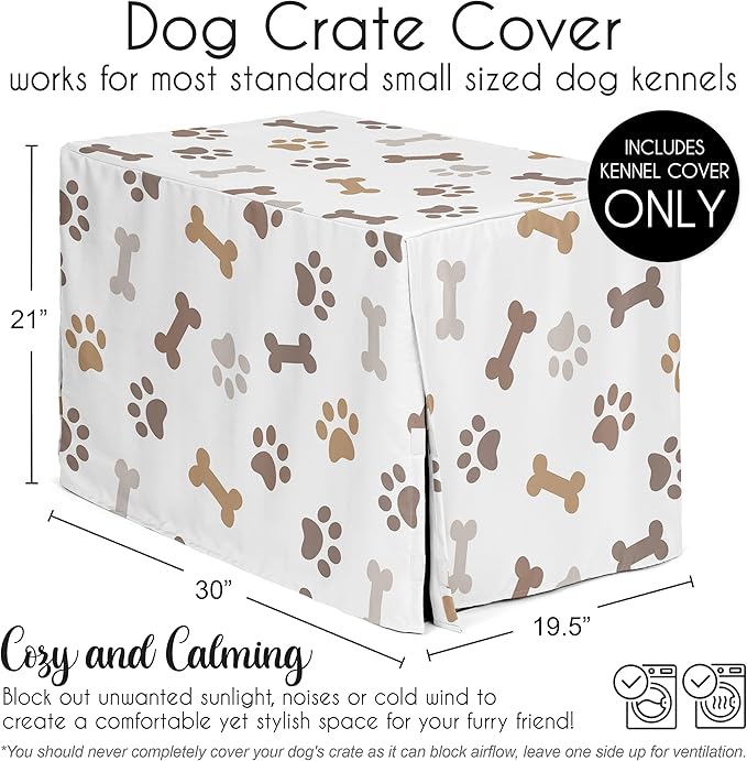 Sweet Jojo Designs 30in. Small/Medium Dog Crate Cover (Bones and Paw Prints) Pet Cage, Kennel Covers (Modern, Cartoon, Doggy, Puppy, Neutral, Paws Print, Whimsical, Brown, Tan, Grey, Taupe and White)