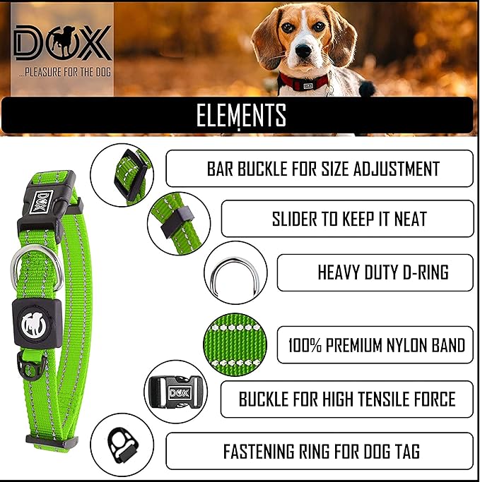DDOXX Reflective Nylon Dog Collar - Strong and Adjustable Collars Dogs - M (Green)