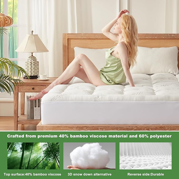 BEDLORE California King Mattress Topper Viscose Derived from Bamboo, Thick Pillow Top Mattress Pad with Stretchable Pockets for 6-18 inches Mattress, Soft Mattress Topper for Back Pain Relief