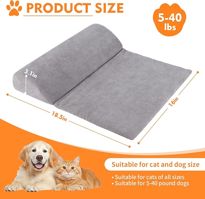 Dog Bolster Pillow with High Resilience Foam, Headrest for Large Dogs, Benefit for Cervical Vertebra and Neck, Easy to Carry, Machine Washable Cover＆Easy to Clean(Grey)