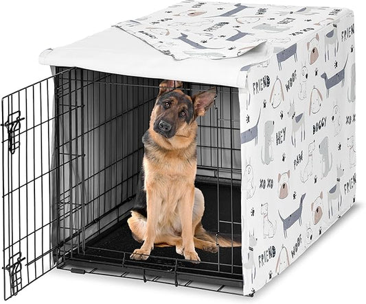 Sweet Jojo Designs Cartoon Puppy Print Dog Crate Cover – Kennel Covers for 48 Inch Pet Cage Large - Neutral Grey Taupe Blue White Modern Bulldog Wiener Doggy Paw Print Gray