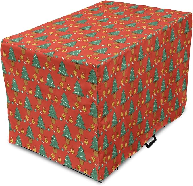 Lunarable Christmas Dog Crate Cover, Baubles Jingle Bells Pine Trees Motifs Colorful Composition Print, Easy to Use Pet Kennel Cover for Small Dogs Puppies Kittens, 22 Inch, Vermilion Multicolor