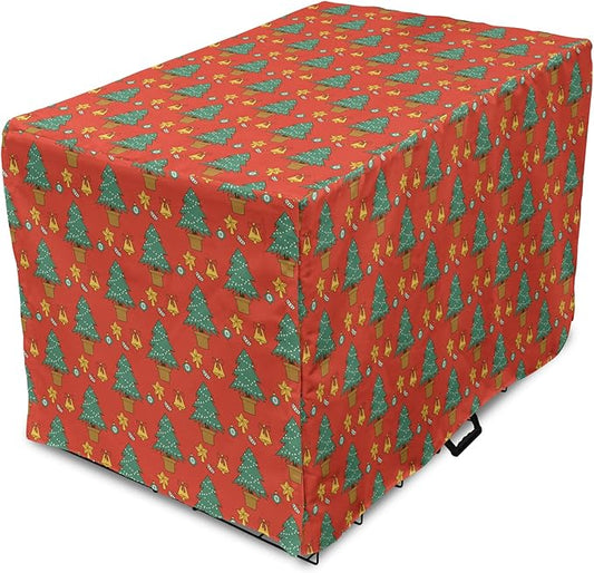 Lunarable Christmas Dog Crate Cover, Baubles Jingle Bells Pine Trees Motifs Colorful Composition Print, Easy to Use Pet Kennel Cover for Medium Large Dogs, 36 Inch, Vermilion Multicolor