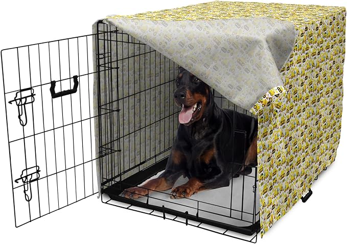 Lunarable Cartoon Dog Crate Cover, Construction Vehicles Style Machines Safety Building Theme, Easy to Use Pet Kennel Cover for Medium Large Dogs, 42 Inch, Yellow White Black