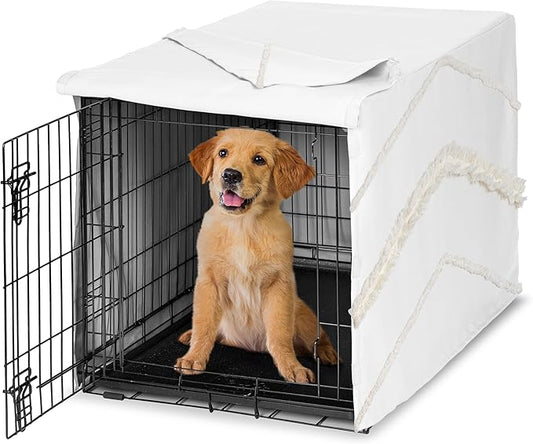 Sweet Jojo Designs 36in. Medium Dog Crate Cover (Bohemian Boho Chic) Pet Cage, Kennel Covers (Farmhouse, Elegant, Modern, Designer, Minimalist, Classic, Macrame, Tuft, Trim, Solid Ivory Cotton Fringe)
