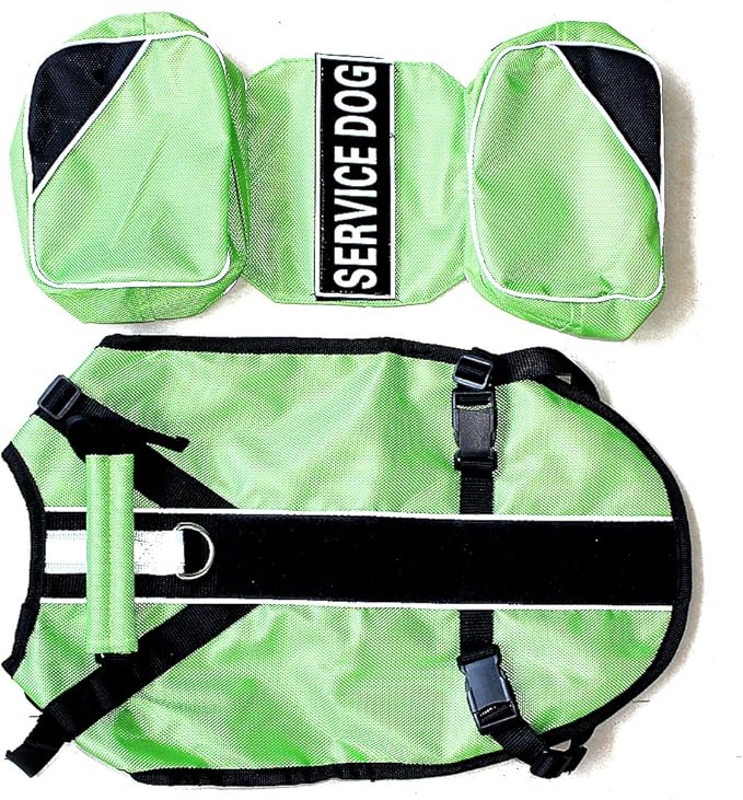 Service Dog Harness, Saddle Bag Backpack Carrier Outdoor Travel Hiking Camping Harness, Removable Saddle Bags and Patches (Green, L Girth 26-31")