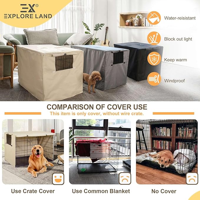 Explore Land 54 inches Dog Crate Cover Heavy Duty Polyester Pet Kennel Sunshade Universal Fit for Wire Cage (Light Tan)