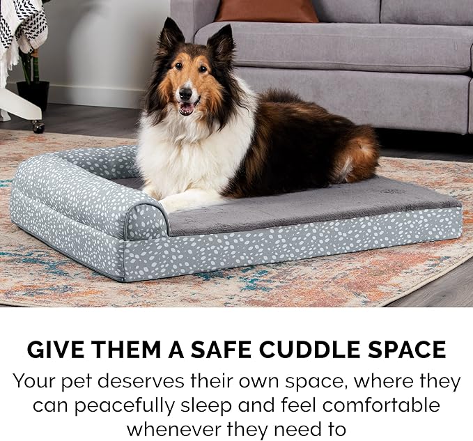 Furhaven Orthopedic Dog Bed for Large Dogs w/ Removable Bolsters & Washable Cover, For Dogs Up to 95 lbs - Plush & Almond Print L Shaped Chaise - Gray Almonds, Jumbo/XL