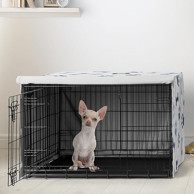 Sweet Jojo Designs 24in. Small Dog Crate Cover (Bones and Paw Prints) for Boys Pet Cage, Kennel Covers (Modern, Cartoon, Doggy, Puppy, Neutral, Paws Print, Whimsical, Slate Navy Blue and Off White)
