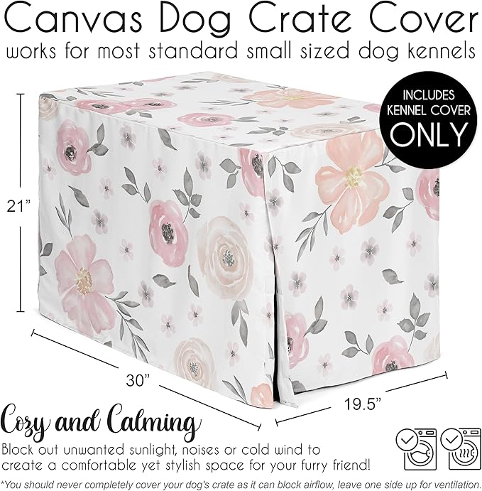 Sweet Jojo Designs Blush Pink Grey Boho Floral Dog Crate Cover – Kennel Covers for 30 Inch Pet Cage Small/Medium - Bohemian Farmhouse Shabby Chic Rose Lily Watercolor Flower Elegant Gray and White