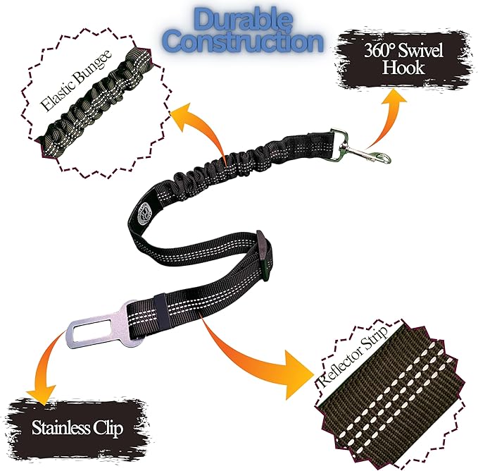 Reflective 2 in 1 Dog Cat Seat Belt Stretchable, Expandable Harness Leash and Headrest Collar Accessary for Vehicle, Pet Safety, Nylon, Heavy Duty and Elastic (Black)