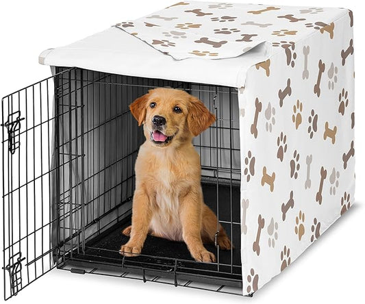 Sweet Jojo Designs Bone Paw Print Dog Crate Cover – Kennel Covers for 36 Inch Pet Cage Medium - Neutral Grey Taupe Brown Modern Off White Gray Tan Puppy