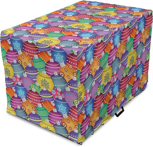 Ambesonne Christmas Dog Crate Cover, Colorful Christmas Balls Different Retro Patterns Holiday Celebration Theme Print, Easy to Use Pet Kennel Cover for Medium Large Dogs, 42 Inch, Purple Multicolor