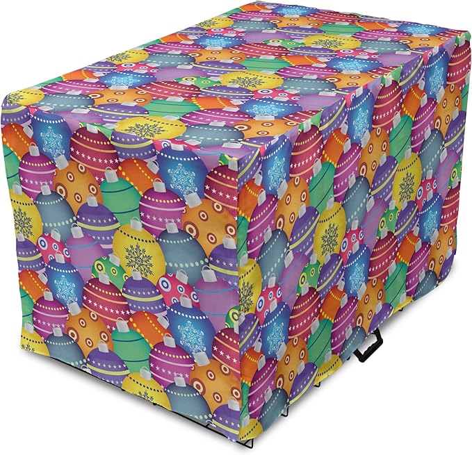 Ambesonne Christmas Dog Crate Cover, Colorful Christmas Balls Different Retro Patterns Holiday Celebration Theme Print, Easy to Use Pet Kennel Cover for Medium Large Dogs, 36 Inch, Purple Multicolor