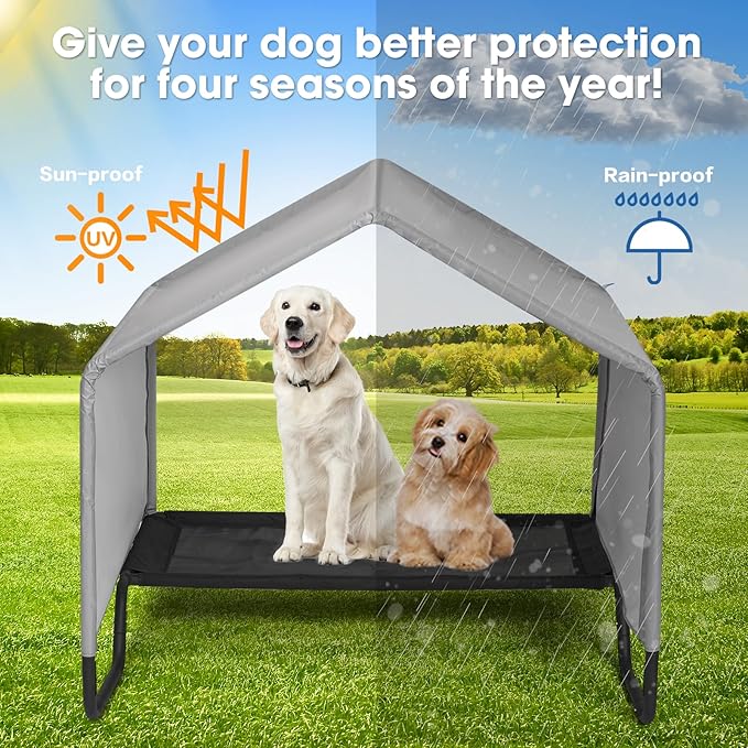 Dog Shade Shelter Outdoor Tent for Large Medium Dogs, Outdoor Pet Tent Weatherproof, Outside Sun Rain Canopy Pet Houses with Elevated Dog Bed for Dogs, Small Animals and Livestock,3.4'x3.4'x3.2', Grey